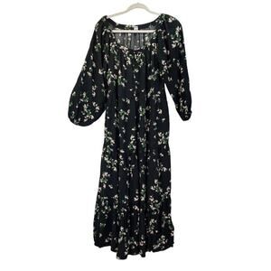 Old Navy Womens M Black Floral Boat Neck Tiered Summer Pocket Maxi Dress